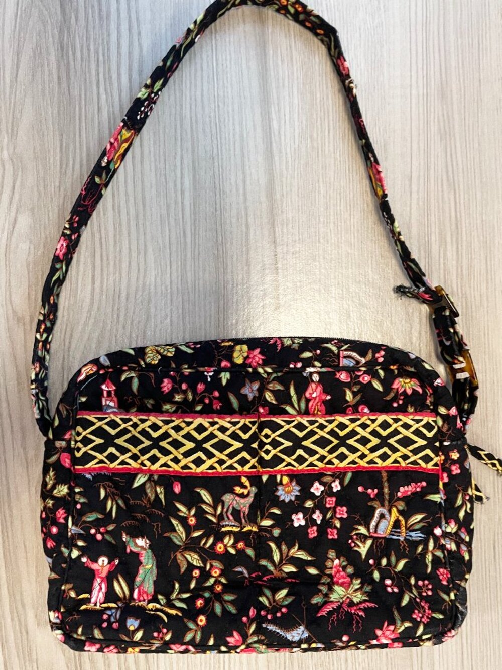 Vera Bradley Quilted Shoulder Bag Black Floral Ming Garden Print Cotton Handbag